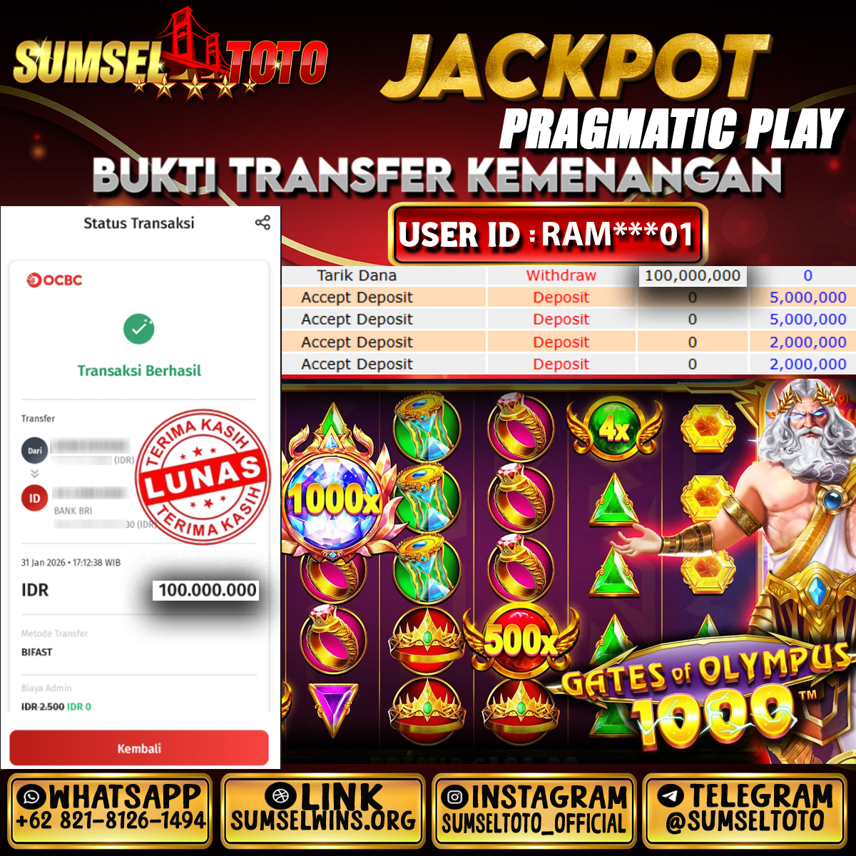 SUMSELTOTO JACKPOT SLOT GATES OF OLYMPUS 1000 Rp.100,000,000.,- LUNAS